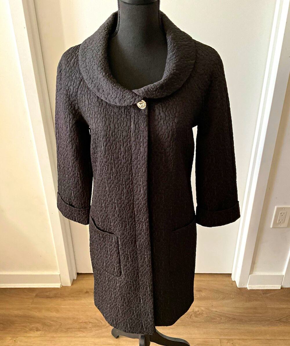Clements Ribeiro Black Textured Jacquard Coat Portrait Collar 60s Style XS UK8